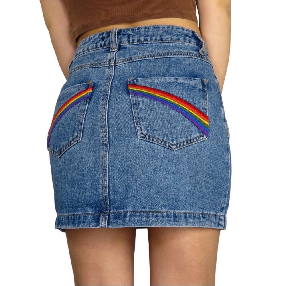 Forever 21 Blue Denim Mini Skirt with Rainbow Pocket Embroidery